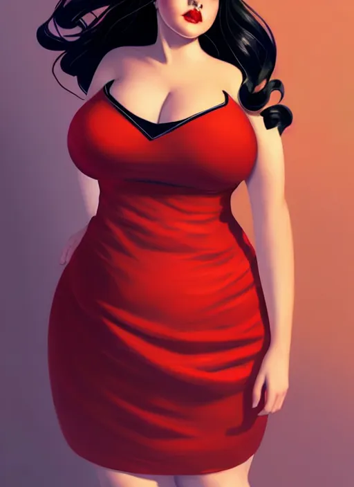 Image similar to full body portrait of teenage veronica lodge, obese, bangs, sultry, realistic, sultry smirk, wavy hair, red skirt, fat, belly, intricate, elegant, glowing lights, highly detailed, digital painting, artstation, concept art, smooth, sharp focus, illustration, art by wlop, mars ravelo and greg rutkowski