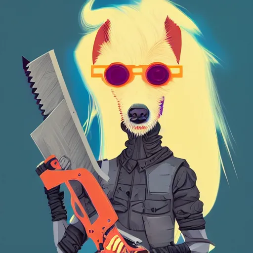 Prompt: a portrait of an anthropomorphic cyberpunk blond terrier! holding a chainsaw, fantasy, elegant, digital painting, artstation, concept art, matte, sharp focus, illustration, art by josan gonzalez