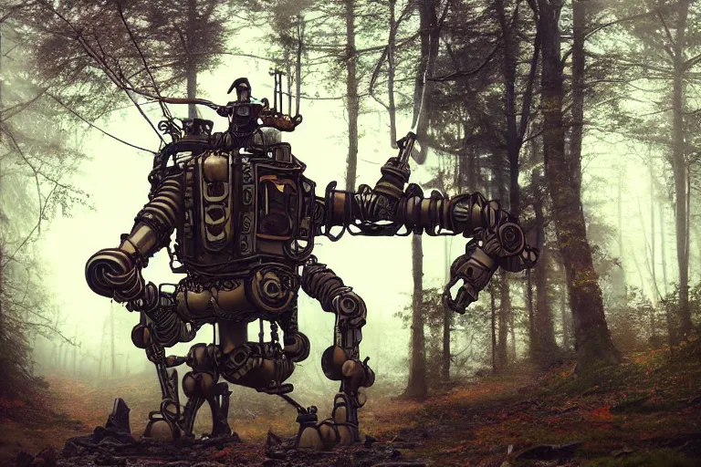 Image similar to steampunk mech standing in a swedish forest, very low angle photograph, very detailed, trending on artstation, realistic, soft colors, simon stålenhag