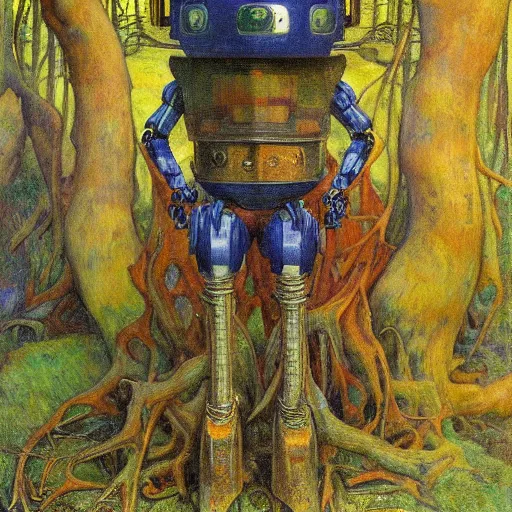 Image similar to robot seizes his forest crown, by Annie Swynnerton and Diego Rivera and Elihu Vedder, symbolist, dramatic lighting, elaborate geometric ornament, Art Brut, soft cool colors,smooth, sharp focus, extremely detailed, Adolf Wölfli and Donato Giancola