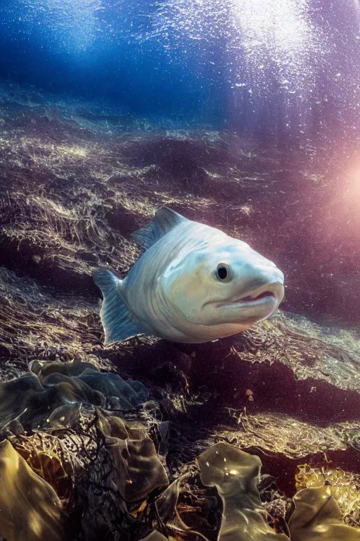 Image similar to beautiful photo of an atlantic cod swimming amongst kelp underwater in clear water sunset moody lighting