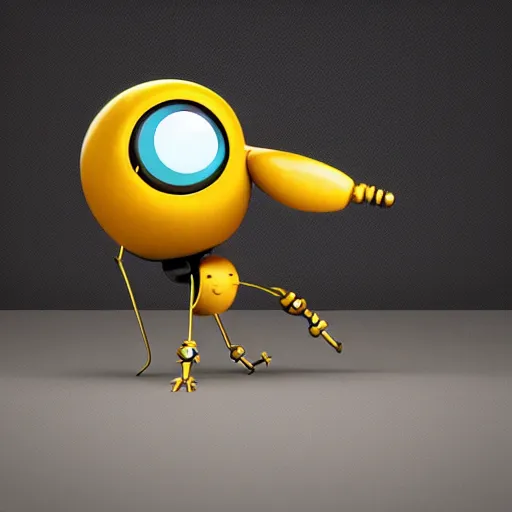 Prompt: a small chubby bot, colourful, smooth panelling, large gold eye intricate detail, style of cute pokemon, with damaged rusty arms, broken antenna, recycled, floating, white studio, oil, mechanical, cute toy, with an insect on its head, ambient light, in the style of pixar animation, pokedstudios, blender, octane render, 8 k,