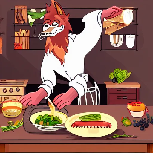 Prompt: YCH illustration of a werewolf cooking dinner