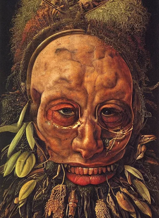 Prompt: a surreal painting of a shaman's face, by Giuseppe Arcimboldo, symbolist, soft colors, dramatic lighting, smooth, sharp focus, extremely detailed, aesthetically pleasing composition