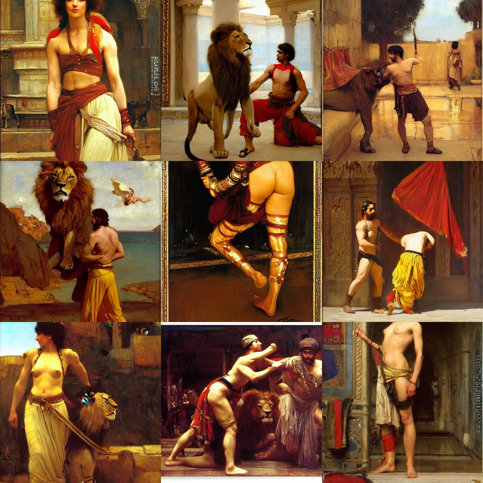 Prompt: the lion tamer orientalist painting by john william waterhouse and Edwin Longsden Long and Theodore Ralli and Nasreddine Dinet, oil on canvas. Cinematic, hyper realism, dramatic lighting, high detail 8k