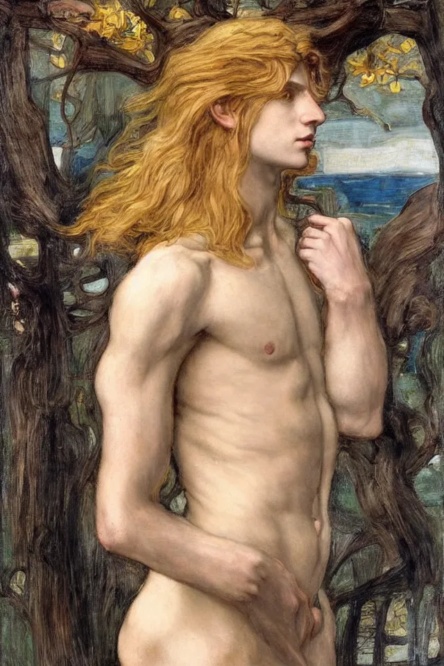 Image similar to beautiful blond androgynous prince Lucius depicted as Apollo the Sun God by john william waterhouse, preraphaelite style, long fluffy blond curly hair, pale porcelain white skin, detailed, defined, chiaroscuro