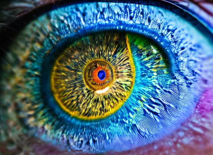 Image similar to macro photo of a eye with big blue and colorful fractal iris , detailed, photorealistic , macro photography