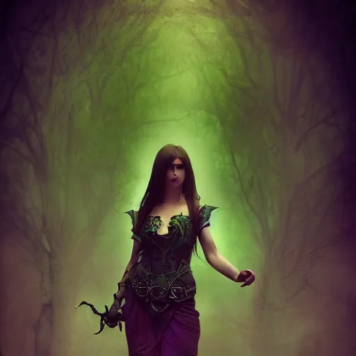 Image similar to a portrait of a necromancer, green aura ,Grim fantasy, D&D, HDR, natural light, shoulder level shot, dynamic pose, award winning photograph, Mucha style, 8k,