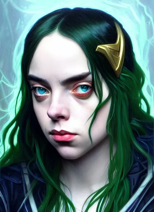 Image similar to Billie Eilish as Female Loki, very detailed, digital art, trending on artstation, concept art, smooth, illustration, art by artgerm and greg rutkowski and alphonse mucha and Edmund Blair Leighton and Katsuhiro Otomo and Geof Darrow and Phil hale and Ashley wood