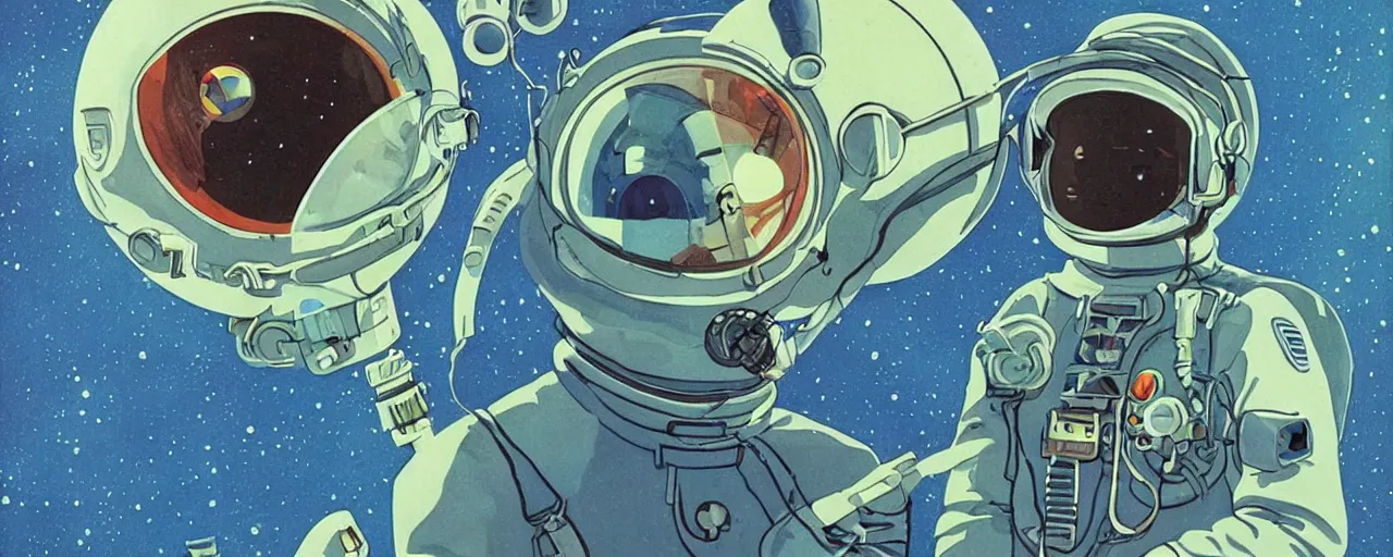 Prompt: a portrait of pilot in spacesuit on field spaceship station landing laying lake artillery outer worlds in FANTASTIC PLANET La planète sauvage animation by René Laloux