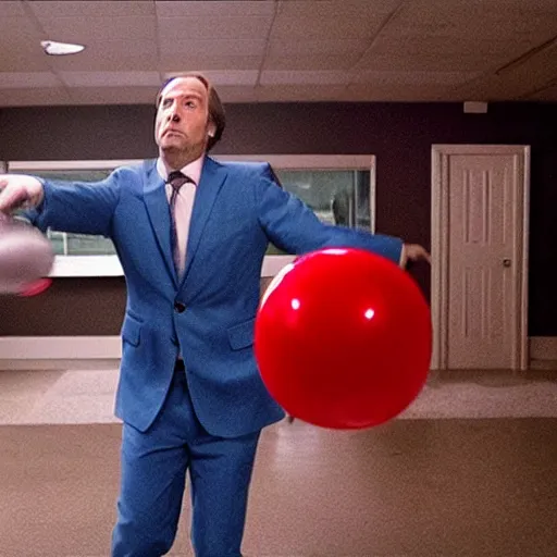 Image similar to saul goodman throwing dart at red ballon, still from better call saul