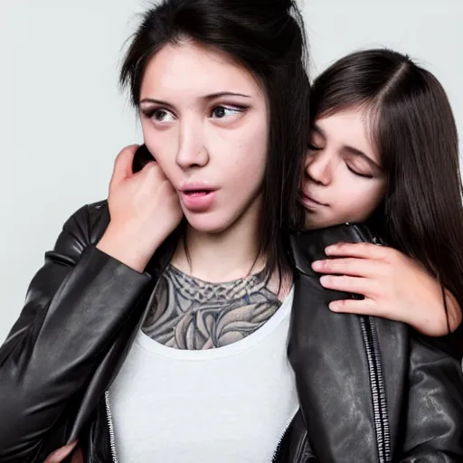 Image similar to Hot young woman, grey skin, void eyeballs, tattoos, wearing a leather jacket, hugging a shrouded person as they cry on her chest, comforting, touching, wholesome, art, big sister, little brother, 4k