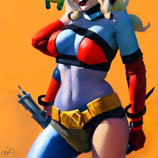 Prompt: Greg Manchess portrait painting of Harley Quinn as Overwatch character, medium shot, asymmetrical, profile picture, Organic Painting, sunny day, Matte Painting, bold shapes, hard edges, street art, trending on artstation, by Huang Guangjian and Gil Elvgren and Sachin Teng