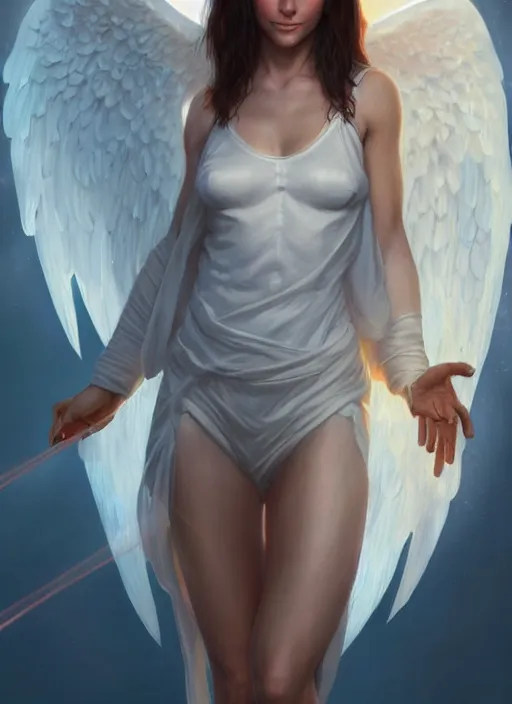 Image similar to cute young courtney cox as a heavenly angel, anatomy, bathed in light, highly detailed, photorealistic, artstation, smooth, sharp focus, illustration, unreal engine 5, 8 k, art by artgerm and greg rutkowski and edgar maxence