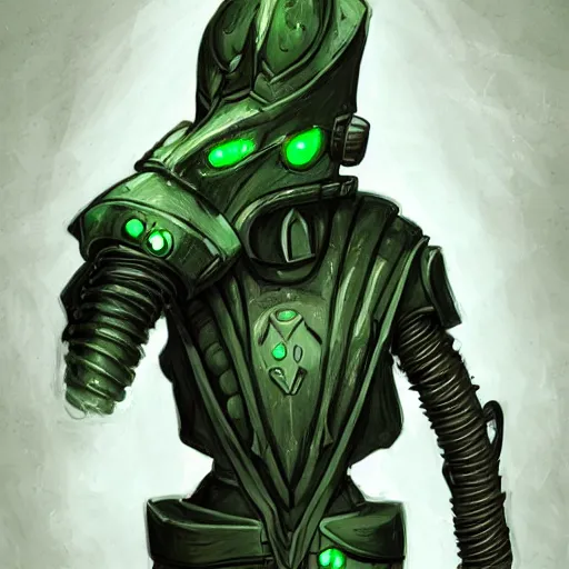 Prompt: sci - fi plague doctor power armor, inhumanly tall, inhumanly thin, black plate clawed hands, beaked helmet, green glow eyes, green glowing trim, plague, disease, illustration, award winning, digital art, trending on artstation, incredible, highly detailed, fantasy, sci - fi