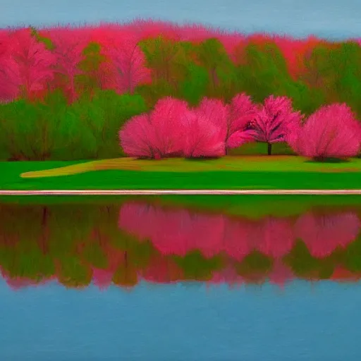 Image similar to beautiful pink tree beside a large lake landscape in the style of Edward Hopper
