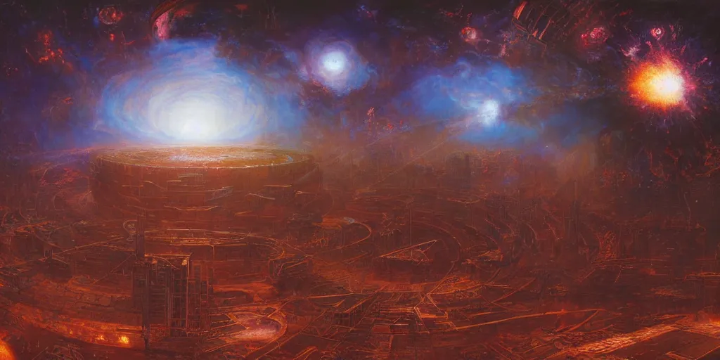 Image similar to supernova explosion, neo brutalism space station, golden hour, stars, painted by steve mccurry, ruan jia, raymond swanland, lawrence alma tadema, zdzislaw beksinski, norman rockwell, jack kirby, tom lovell, alex malveda, greg staples, 8 k, highly detailed