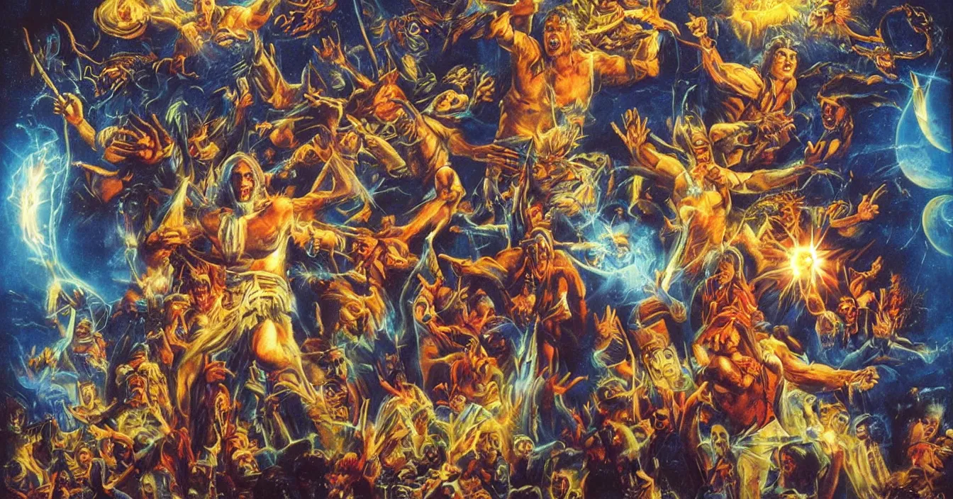 Prompt: human spirits sit in the cinema and watch very deeply the light of consciousness projecting their lives on the big wide screen, realistic image full of sense of spirituality, life meaning, meaining of physical reality, happy atmosphere, by Jeff Easley