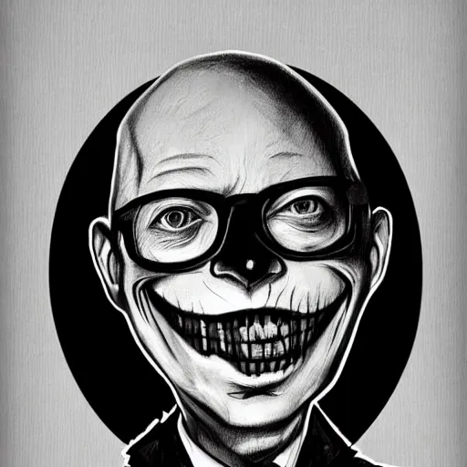 Image similar to grunge drawing of Klaus Schwab in the style of jack skellington and Jacob Shaw,creepy, surreal, trending on artstation, bold and vivid colour