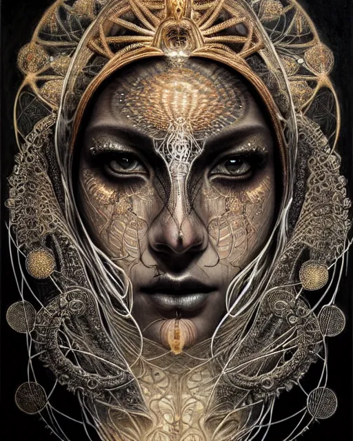 Image similar to hyperrealistic detailed face portrait of the beautiful dark goddess with an intricate golden ornamental geometrical ritual mask, intricate cyberpunk tattoos, glowing ceremonial markings, emotionally dark figure, insane details, art by ernst haeckel, nekro borja, android jones, gothic - cyberpunk, ornamental, dimmed pastel colours,