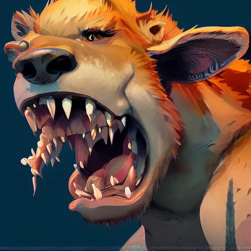 Prompt: upper body illustration of a gnoll, hyena face, aggressive and rabid look, mattepainting concept blizzard pixar maya engine on stylized background splash comics global illumination lighting artstation, sharp focus, lois van baarle, ilya kuvshinov, rossdraws