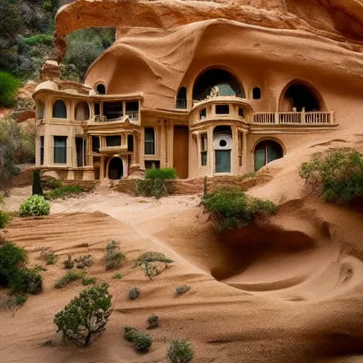 Prompt: a large, victorian mansion covered in sand in a canyon. surreal, dream like.