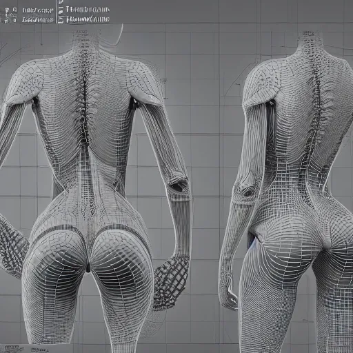 Image similar to concept of a detailed and intricate design of the back of full female anatomy, 3d design, great finesse organic hyper detailed, engineering blueprints, technical drawings, calculus, stained paper, hyperrealistic, ultra detailed, 4K, octane render, unreal engine