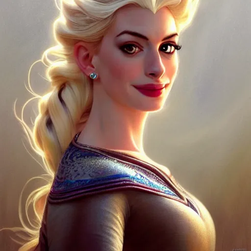 Image similar to Anne Hathaway with blonde hair as Elsa from Frozen, western, D&D, fantasy, intricate, elegant, highly detailed, digital painting, artstation, concept art, matte, sharp focus, illustration, art by Artgerm and Greg Rutkowski and Alphonse Mucha