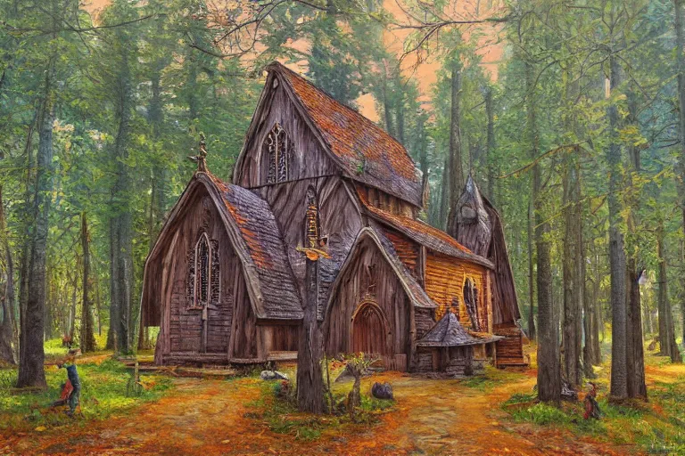 Image similar to wooden church in the forest, very detailed, focused, oil painting, colorful, canvas, artstation, Vsevolod Ivanov