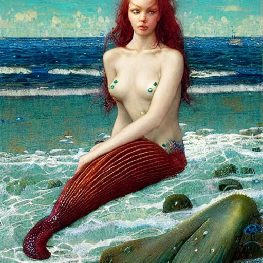 Image similar to beautiful mermaid emerging from the ocean, art by Edgar Maxence and Ross Tran and Michael Whelan