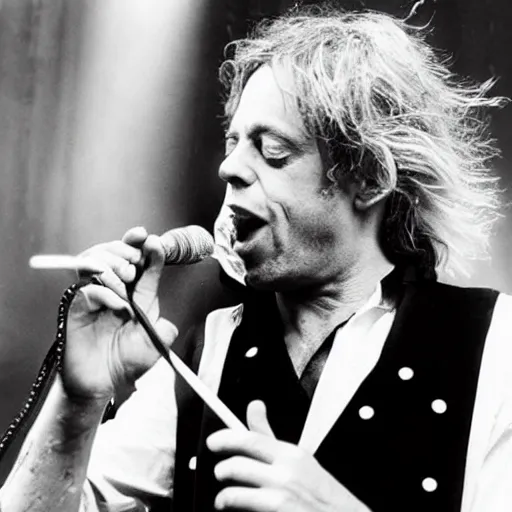 Image similar to bob geldof singing to a banana, concert photo