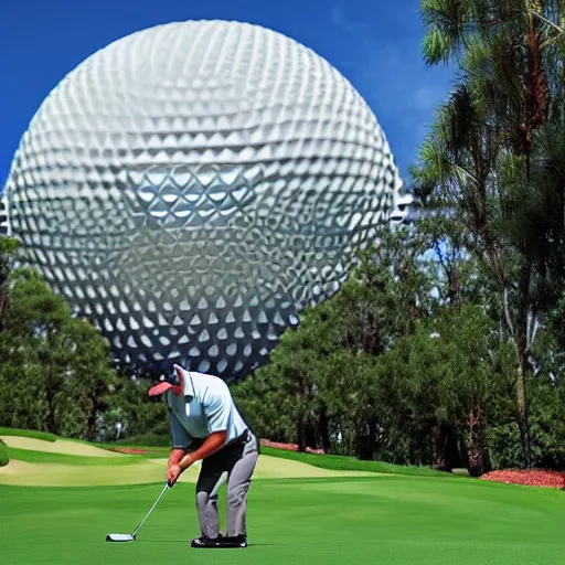 Image similar to a giant playing golf using epcot as the ball in real life, highly detailed, extremely high resolution, ultra realistic