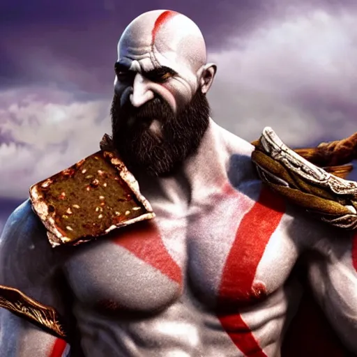 Image similar to kratos from god of war eating a cheeseburger