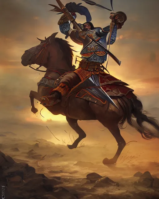 Prompt: ultrarealistic illustration of a spanish conquistador in battle, symmetrical, by daniel zrom and mingchen shen, studio ghibli color scheme, detailed, handsome, anatomy, sharp focus, photography, magic : the gathering, octane, cinematic lighting