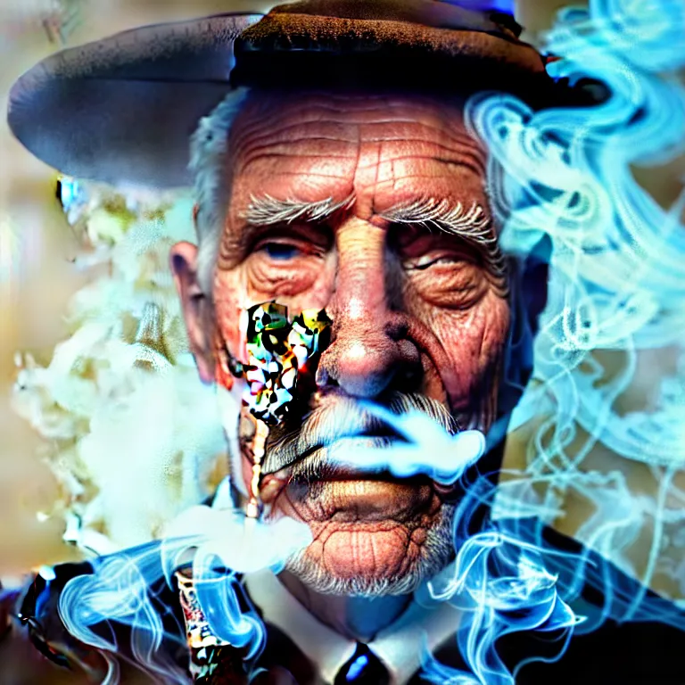 Prompt: a detailed portrait of an old man, smoking a lit perfectly symmetrical cuban cigar, cinematic photography, smoke rising like clouds, beautifully symmetrical, super resolution, cgi, trending on art station, volumetric lighting & shadows, hyper detailed, 8 k, unreal engine, canon 2 0 0 mm,