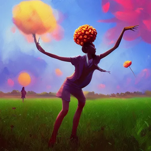 Image similar to portrait, giant rose flower head, girl dancing in a suit, surreal photography, sunrise, blue sky, dramatic light, impressionist painting, digital painting, artstation, simon stalenhag