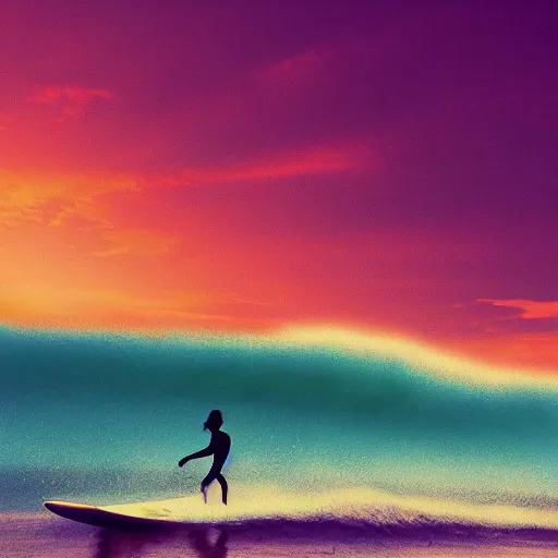 Image similar to surfing at sunset, by scott uminga trending on artstation, trending on deviantart,