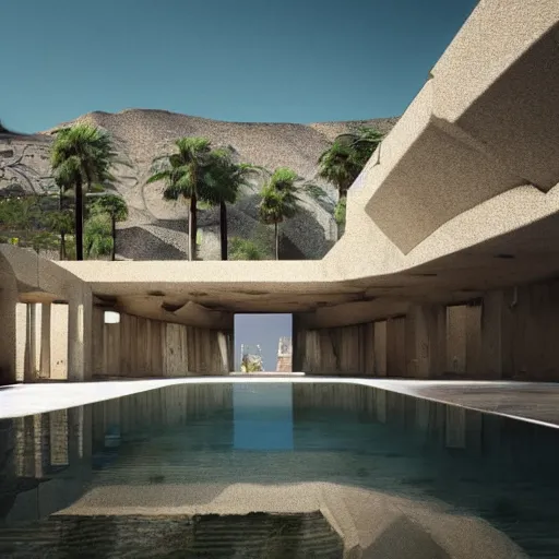 Image similar to brutalism conceptual hotel in the desert, biophilia mood, pool, garden, highly detailed, cinematic, photorealistic,