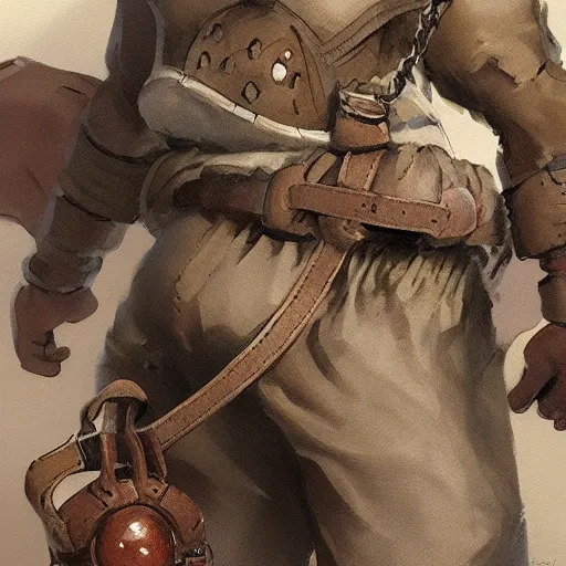 Prompt: close-up of bags attached to belt, small bags made of cotton, detail, style of Frank Frazetta, concept art, trending on artstation, Dungeon and Dragons