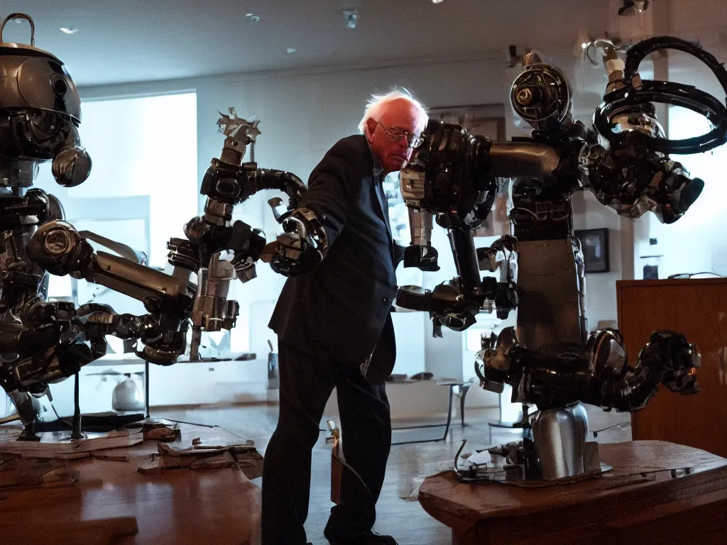 Image similar to bernie sanders putting the finishing touches on a ( ( cute ) ) clockwork doomsday robot, cinematic moody lighting, sharp focus, imax