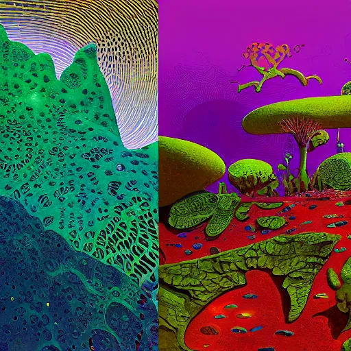 Prompt: striking colours vivid gaps holes neonothopanus creatures landscape art by roger dean, valley jagged arches, reflections, art by michael whelan, liquidart organic textures, seedpods, art by kilian eng, moebius artwork, futuristic by roger dean hires 8 k detailed natural textures