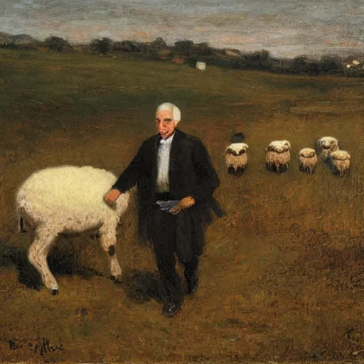 Prompt: painting of benjamin netanyahu riding a sheep in a grassy field, by anton mauve