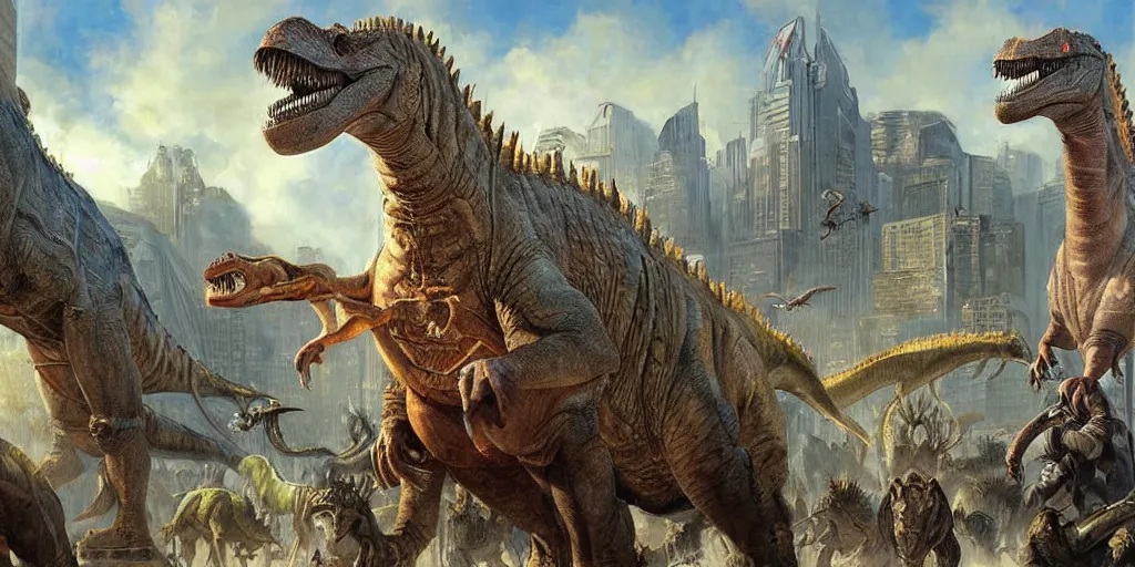 Image similar to A city of dinosaurs epic painting by James Gurney