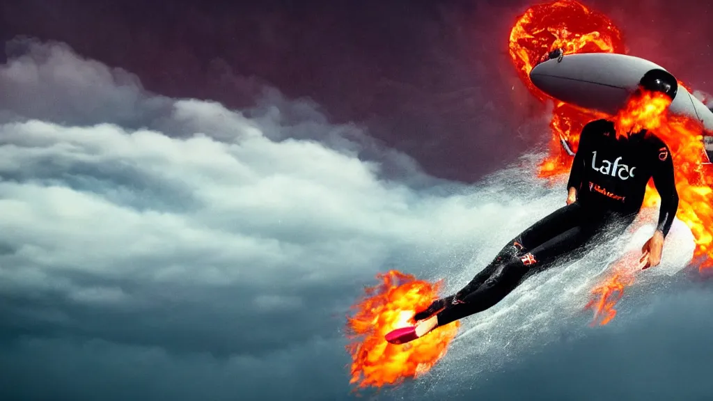 Image similar to person wearing a sponsored team jersey with logos jumping out of a helicopter with a surfboard into a volcano, action shot, dystopian, thick black smoke and fire, sharp focus