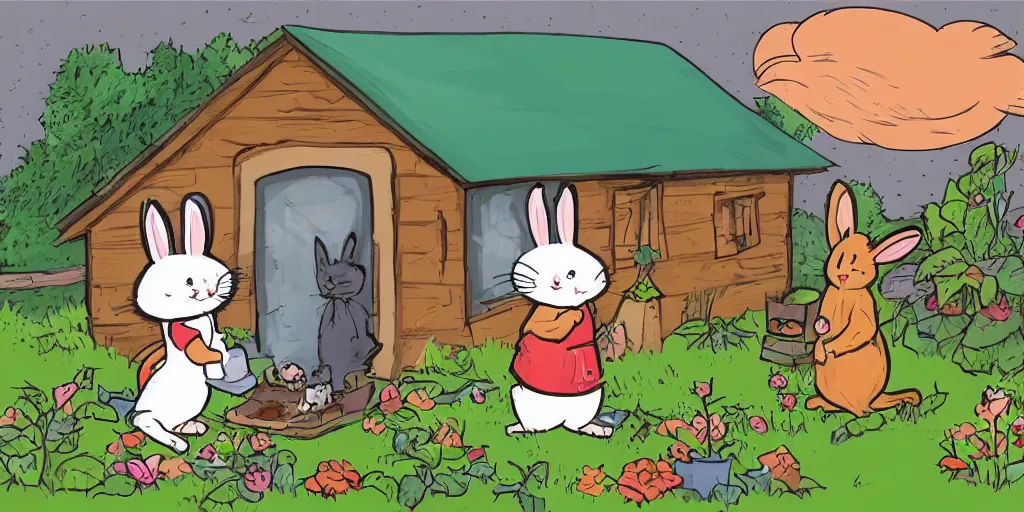 Prompt: anthropomorphic rabbit and cat dressed in cottagecore living in a cottage, the rabbit has a vegetable garden and the cat is fixing the roof, comic book art style, pictures in sequence, storyboarding, speech bubbles, colorized