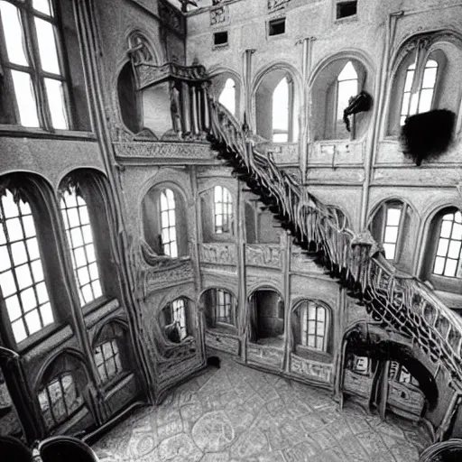 Image similar to a wide angle photo of the interior of a surreal castle with stairs everywhere, m c escher, amazing award winning masterpiece