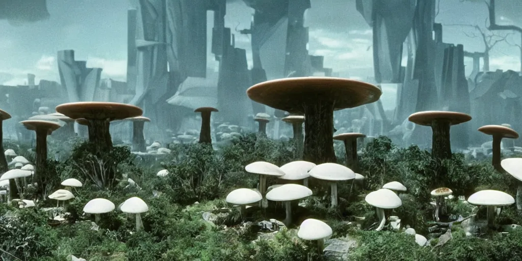 Prompt: outside view of a futuristic luxury apartment on a desolate mining planet with a lush mushroom vegetation, giant mushrooms, film still of a sci - fi movie, 1 9 8 0 s science fiction, ridley scott,