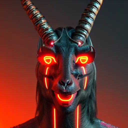 Image similar to synthwave demonic cyborg goat face with neon horns, detailed face, sharp focus, synthwave art, aesthetic, octane render, raw, cinematic