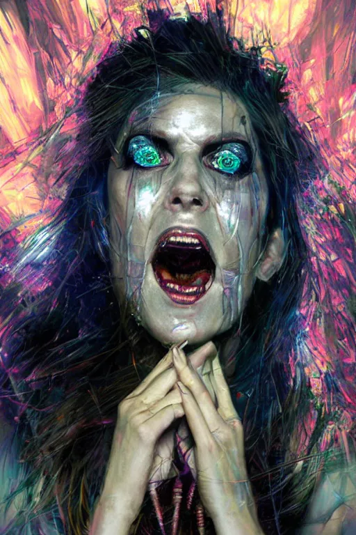 Prompt: portrait, headshot, digital painting, an beautiful techno - witch lady in circuit electronic mask, screaming in rage, pearlescent, synthwave, glitch, fracture,, realistic, hyperdetailed, chiaroscuro, concept art, art by john berkey