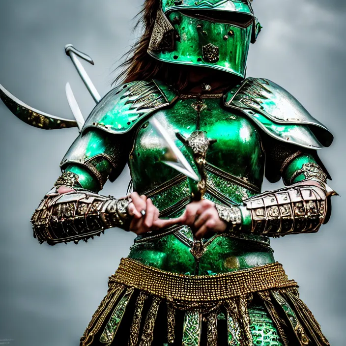 Image similar to photo of a beautiful warrior queen wearing emerald encrusted armour, highly detailed, 4 k, hdr, smooth, sharp focus, high resolution, award - winning photo